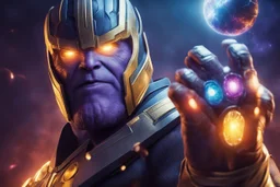 A sporty looking man with With a serious his face while holding Thanos' gantlet K's infinity gauntlet has six infinity stones