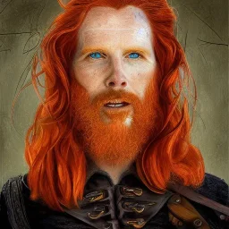 Portrait of Courtney Gains as a ruggedly handsome but joyful roguish pirate, charismatic, attractive male, masculine, perfect, precisely detailed, lightly freckled face, meticulously detailed multi-hued ginger carrot colored cherry fire red hair; Malachai of the corn; fantasy, intricate, elegant, highly detailed, digital painting, artstation, concept art, matte, sharp focus, illustration, art by artgerm and greg rutkowski and alphonse mucha