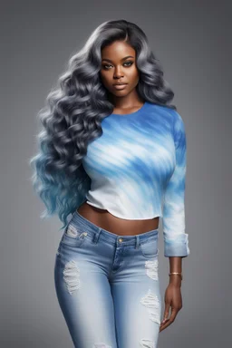 Create an airbrush image of a curvy black female wearing a light blue tie dye t-shirt with white cut up jeans. Prominent make up with hazel eyes. Highly detailed long wavy black and grey ombre hair flowing in the air.