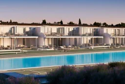 Sunset algarve in quinta do lago, a modern luxury villa apartments with 250 meters long and a pool on rooftop, overhang straight line terraces with black metallic beams and wood pergolas, with a separate clubhouse building facility with green roofs, overlooking the campus sport facility and inserted in the Ria Formosa Natural park, on a slope with pinus pinea, a wrap around low speed veicular road