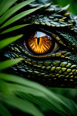 Giant dragon eye peaking from a lush brush, macro lens, extreme detailed, photorealistic, cinematic lights, luminous eye, striking contrast, exquisite clarity
