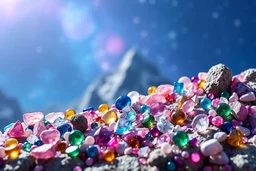 a photorealistic octane render of a montagne, cinematic, cosmic background, rock transparent, jewerly, blue, pink, cosmos background numerous gemstones and beads of various sizes and colors, including pink, blue, yellow, green, and purple, full body