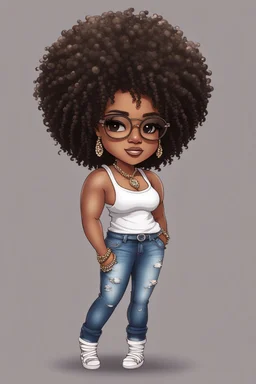 Create a magna chibi image of a black female with shoulder length tightly curl afro, black silky and brown eyes. Long eye lashes wearing a torn jeans and tank top with diamond studded "pretty" on the front, sandals , plus size body style. Diamond studded glasses and hoop earrings forward facing, 2k, white background