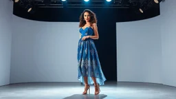 very beautiful 1 lady with makeup curvy hair pretty long skirt and bluose with nice jewel patterns high heels, full body standing gracefully in modern stage,dynamic lights