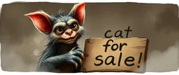 air brush 3d with pen outline, mongrel goblin gremlin looking at sign with big cute cat monster saying "cat for sale" with blurred shadow outline, charcoal fog border