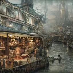 Insanely detailed photograph of an “artitcture plans of a city market along waterway” with intricate gears, intricate embroidered band, hyperdetailed painting by Ismail Inceoglu Huang Guangjian and Dan Witz CGSociety ZBrush Central fantasy art album cover art,8K, hdr, romantic, mysterious, ominous, flowers, jewelry, steam,oil,cafe