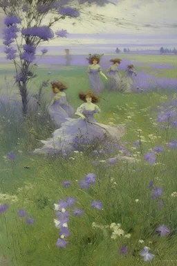 A grayish purple floral grassland with fairies painted by Claude Monet