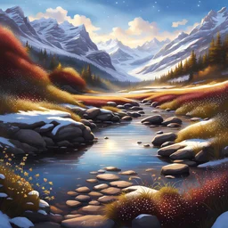 country side ,blue sky , snow on mountains, pretty clouds ,small rocky river with clear water small rocks in floor,wild flowers,beautiful Snow White, long shiny black curvy hair, wearing a burgundy sweater with the word Azerbeyjan written on it, in gold, work clothes, standing, super realistic Fairy lights, intricate detail, texture, depth, vividness, movement, namex, energy, bioluminescence, stunning, epic, ultra-detailed, 8K photography by Miki Asai Macro, close-up, extremely detailed, po