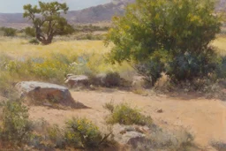 Sunny day, trees, flowers, rocks, arid land, vegetations, distant rocky mountains, sci-fi, willem maris, and otto pippel paintings