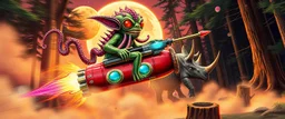 hairy macho gremlin octopus lizard aliens living in a hi tech marvellous hot dog art graphics and gems on rocket with a mounted sling shot mega harpoon, heading for venus , background motion blur and smoke swirls, and cheeky slug rhino through giant forest with thick tree stumps