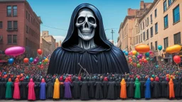 200 ft tall floating cartoonish jesus parade balloon pulled by multiple grim reapers, multi colored, bright, vivid, psychedelic, high detailed, high gloss, insanely detailed, matte, horrorcore, lining the street, unsettling contrast, monument to death, live action shot grim reaper parade, pulling a jesus parade float