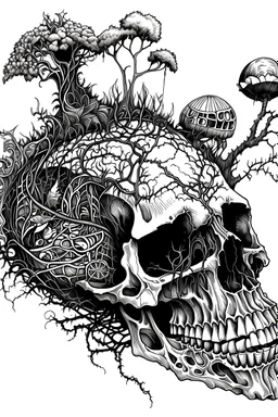 From decay springs life, vegetal matter and bones, pen and ink illustration, ultra fine point pen, sharp contrast, sharp lines, highly detailed, whimsical style, creepy but not scary