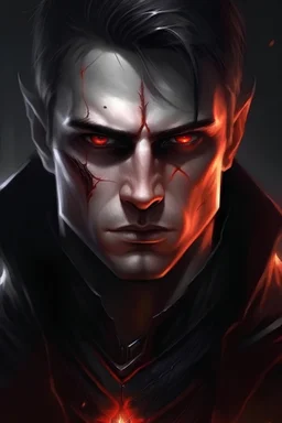 handsome white man, black clothes, glowing red eyes, high fantasy, realism art style, evil
