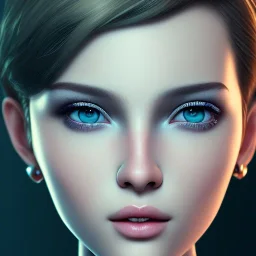 potrait girl look beautiful, close-up, dramatic, eyes like ocean blue, short hair, smile, 8k, rtx, eyebrows like serious, facing left, real, cute, hyper realistis