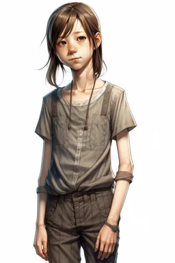 tom-boy girl of 13 years, realistic style, very thin body, long arm, salopette dress, total body