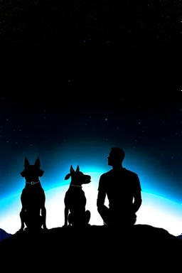 black background on a mountaintop and three silhouettes of a fit man, a silhouette of a fit woman, and silhouette of a Belgian malinois sitting next to the men and the woman looking at the stars