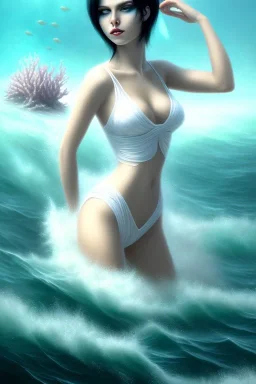 black hair muse with white top in the ocean