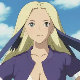 Anime girl, sexy, blonde hair, long hair, blue eyes, big boobs, big ass, plump ass, plump boobs, beautiful face, show cleavage, fine-face, perfect face, full body in frame,