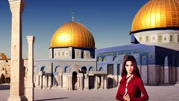 A woman wearing a keffiyeh holds the Dome of the Rock