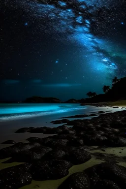 The beach of the island of Leela has its waters full of bright blue stars and dark black skies