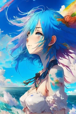标签，日本动漫人物:女，海边，彩虹色头发，蓝色眼睛，双手在背后，蓝色的天空