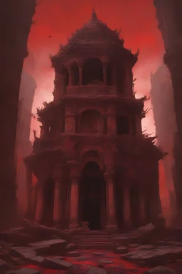 Broken temple with the floor covered in blood, detailed painting, red sky, bloody stone, creepy