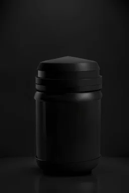 black container, plastic, realism, with screw lid, no labels, round container, view from the front, protein powder, dark studio setting, black background, wider body than lid