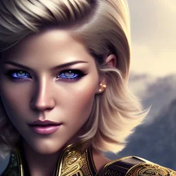 Katheryn Winnick, Cyborg anime warrior, light blonde short hair, pixie hairstyle, cobalt eyes, waist up portrait, 8k resolution, retroanime, intricate details, ornate details, soft lighting, vibrant colors, masterpiece, intricate eyeliner, dark eyeshadow, eyes, intricate tattoos, gradient background