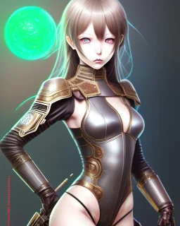 Detailed cute anime Kunoichi girl, brown hair and green eyes, black latex bodysuit, intricate details, full body portrait, keep head in frame, slight smile, black Japanese motif, concept art, highly detailed, digital painting, concept art, sharp focus, illustration, art by Yoji Shinkawa, WLOP and greg rutkowski and alphonse mucha and artgerm and yanjun Chen and Junji ito and Makoto Shinkai, HDR, octane render