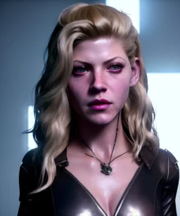 Actress, young Katheryn Winnick, android woman, circuits, ghost in the shell, leather coat, cyber punk, neon, army, bamboo, blood, portrait, studio photo, unreal engine 5, soft color, 16 bit, god lights, ray tracing, RTX, lumen lighting, ultra deatail, volumetric lighting, 3d, finely drawn, hd.