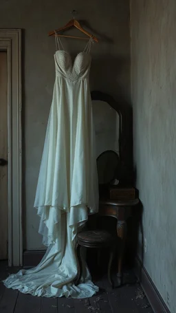 An old dusty wedding dress hanging on the wall , a cracked big mirror in front of makeup table by the wall of an abandoned room , Bosch painting style, sad and tragic and dark scenes