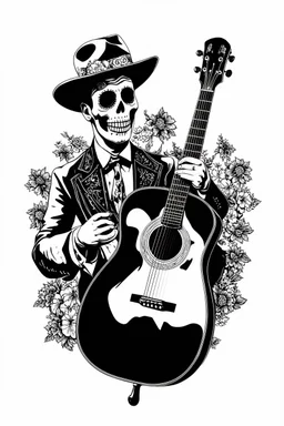 black and white graphic Old acoustic mariachi guitar day of the dead ONLY THE GUIATR