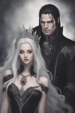 Vampire queen with white hair, with her king who has long black hair