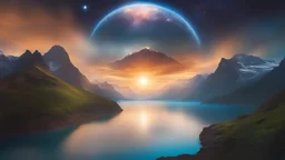 ocean on extraterrestrial planet, mountains, billions of stars in the sky, waves of beautiful light, different reality, enlightenment, wisdom, eternity, 4 dimensions, water flies up