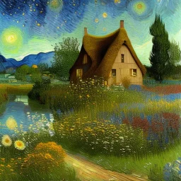 cottage , in the fields, Lake, airbrush, flowers by Van Gogh