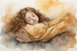 Small girl with long curly brown hair sleeping in god's hand (a big, clear hand) watercolor and ink, golden patina, glitters in ochre, backlit, mist and fog