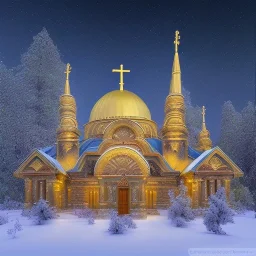 Greek Orthodox Church, decorated with intricate stone carvings, on a snowy night, golden crosses on tops, white light inside, many different color Northern lights, Full Moon over Mountains, 10 second long exposure, highly detailed, ultra reallistic, oil on canvas, cinematic lighting, colourful,long exposure, good atmosphere, by Jacek Yerka, Thomas Kinkade, Caspar David Friedrich.