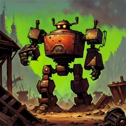 90's fantasy tcg art of a large junk robot in junkyard