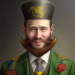 portrait of leprechaun man,whole, beard,"top hat",elegant gold and green suit,smiling, by Chie Yoshii