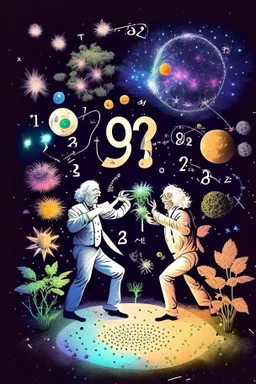 Albert Einstein and Richard Feynman playing with numbers & atoms in outerspace with plants, cosmic gas, stars, moons, and comets dancing around them