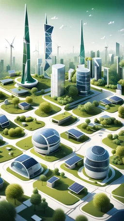 Create an illustration of the city of Solglans, depicting it as a futuristic and sustainable urban environment. Show buildings with solar panels on their rooftops, wind turbines scattered throughout the cityscape, and green spaces integrated seamlessly into the urban fabric. Emphasize the use of advanced technology, such as smart grids and wireless communication networks, to convey the city's commitment to innovation and sustainability. Capture the vibrant atmosphere of a community that thrives