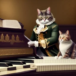 A cat that is dressed like Wolfgang Amadeus Mozart is playing Piano. Background Music notes are dancing. Immpressionism