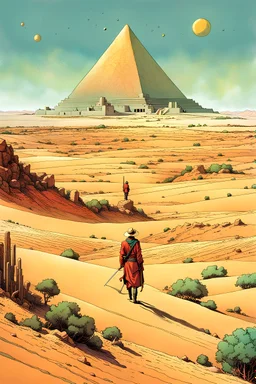 create a surreal, enigmatic, otherworldly, paradoxical, nomadic herdsman inhabiting an ethereal desert realm, in the comic book style of Jean Giraud Moebius, David Hoskins, and Enki Bilal, precisely drawn, inked, and colored