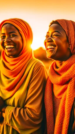 Two African women wearing scarf, laughing while watching the sun fall