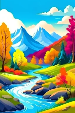 create cover paint,colorful realistic nature landscape with mountains and many trees,stream,style coloring book