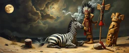 master oil painting by Rembrandt, good afternoon clay moon chill hyper bigger than life zebra dream smoking trickster golem peeking out of a sand twister whirlwind cocoon, all inside a bottle, and a big indian with mohawk and a totem