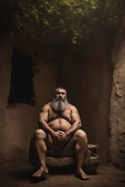 Full human figure shot photo captures a chubby 34-year-old turkish farmer, burly frame with a prominent broken nose, an extensive silver beard cascading down, emanating strength through a muscular, beefy physique, shirtless to reveal a robust chest and wide shoulders, side-lit in a shadowy space, perspective from the ground, photorealistic, ultra clear, dramatic lighting, cinematic.