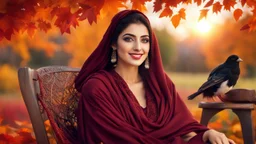 Hyper Realistic Photographic-view of a Young Beautiful Happy Pashto Woman With Beautiful Eyes & Kajal with beautiful lips smiling wearing maroon-dress & covering herself with black-shawl sitting on rocking-chair in an autumn-garden with cloudy-sunset & birds-flying & orange-leaves-whirling showing dramatic & cinematic ambiance