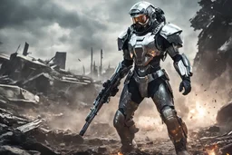futuristic soldier with metal armor in battle фото реалистичность 4к