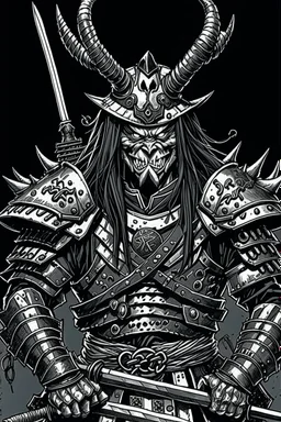 Armoured Samurai with oni mask ,manga, from 1980 dark fantasy, style by Kentaro Miura